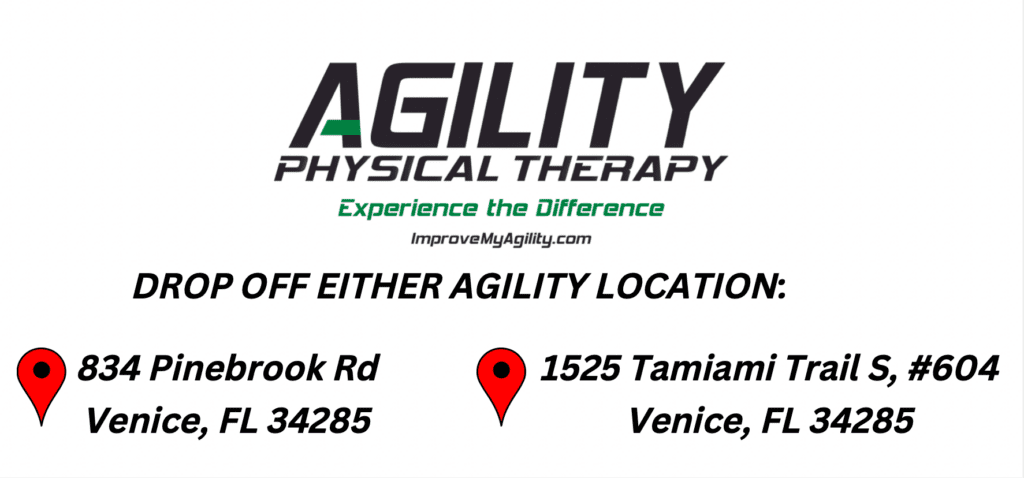 Company flyer for agility physical therapy, now offering drop-off services at our two locations in Venice, Florida, resiliently standing strong post-Hurricane Ian.