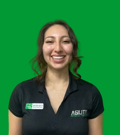 Woman in black polo shirt with "agility" logo smiling against a green background. Getsy Perez-Lopez