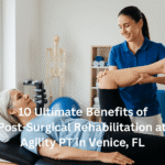 A middle-aged woman performs post-surgical rehabilitation exercises with a licensed physical therapist in a bright Venice, Florida clinic. The therapist assists her leg movement using resistance bands in a professional, clean, and well-lit environment.
