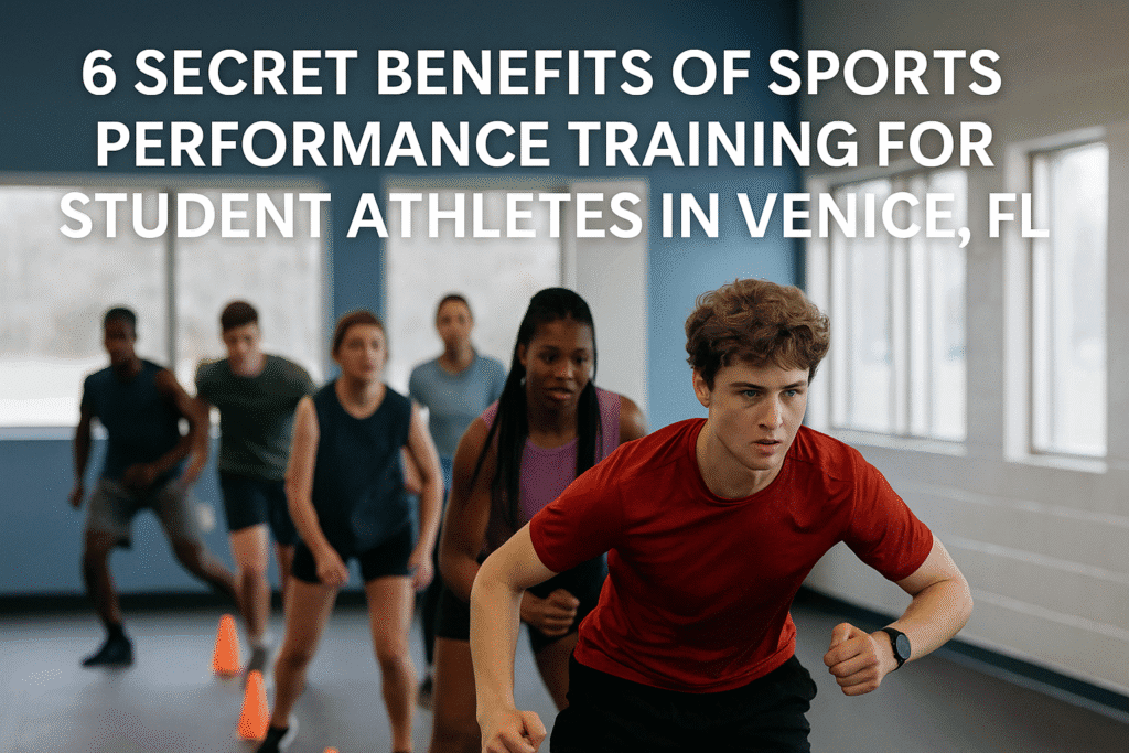 A group of high school student athletes training indoors at a Venice, Florida sports performance facility, practicing agility drills with cones under the guidance of a physical therapist. The photo shows focus and teamwork, highlighting the benefits of youth sports performance training.