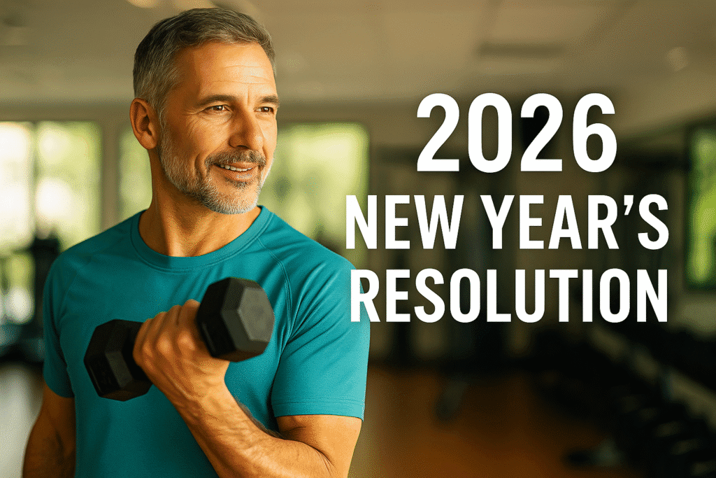 A fit, middle-aged man smiles while lifting a dumbbell in a bright gym, representing motivation and strength for a 2026 New Year’s resolution focused on physical health and wellness through physical therapy.