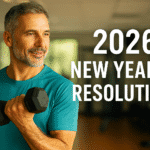 A fit, middle-aged man smiles while lifting a dumbbell in a bright gym, representing motivation and strength for a 2026 New Year’s resolution focused on physical health and wellness through physical therapy.