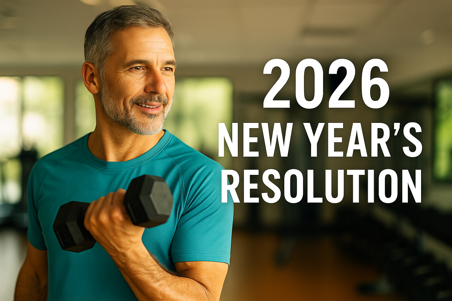 A fit, middle-aged man smiles while lifting a dumbbell in a bright gym, representing motivation and strength for a 2026 New Year’s resolution focused on physical health and wellness through physical therapy.