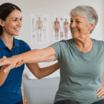 A licensed physical therapist helps an older woman perform gentle arm and shoulder exercises in a bright, professional physical therapy clinic in Venice, Florida. Both are smiling, showing confidence and comfort in arthritis pain management therapy.