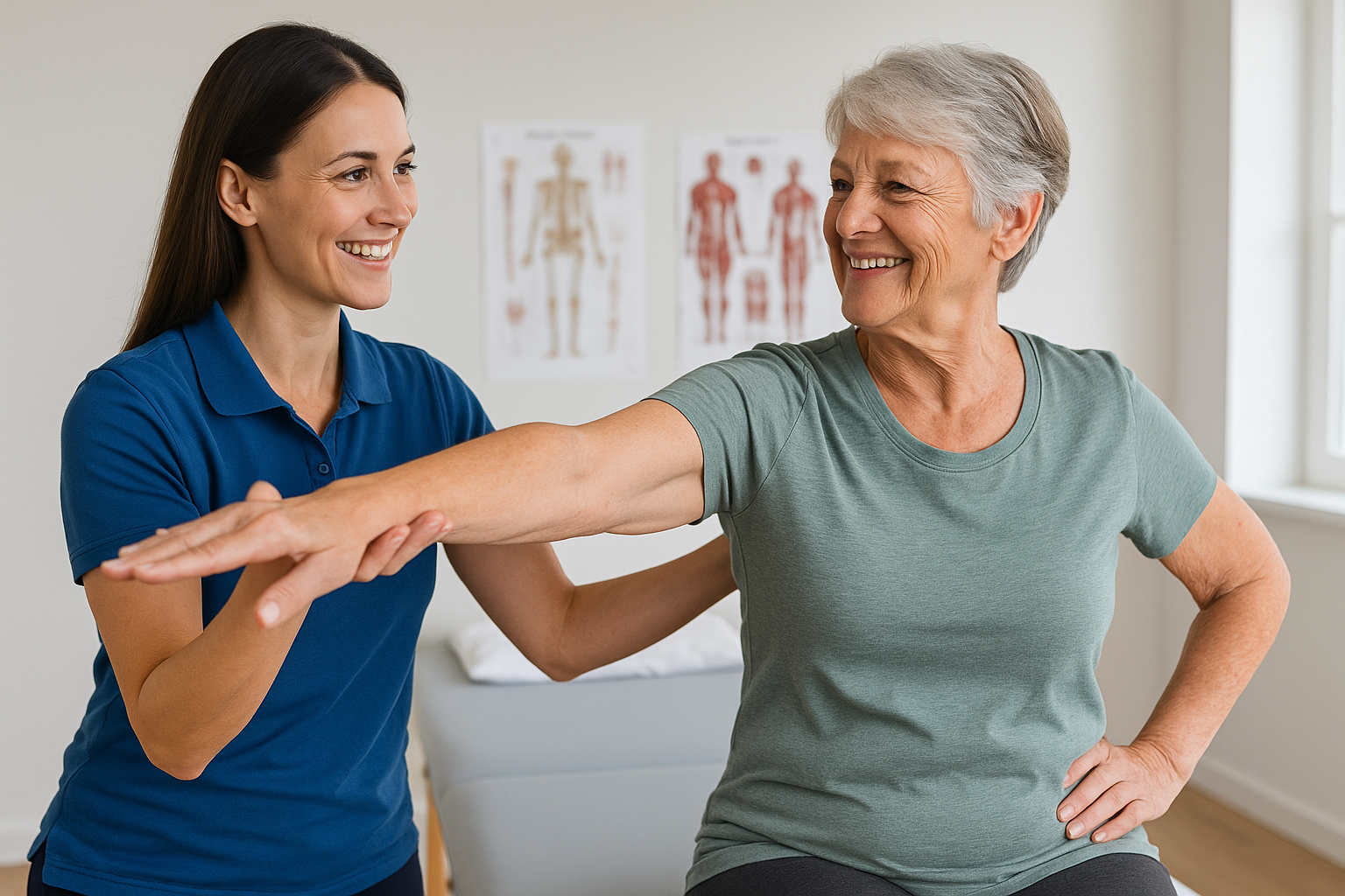 A licensed physical therapist helps an older woman perform gentle arm and shoulder exercises in a bright, professional physical therapy clinic in Venice, Florida. Both are smiling, showing confidence and comfort in arthritis pain management therapy.
