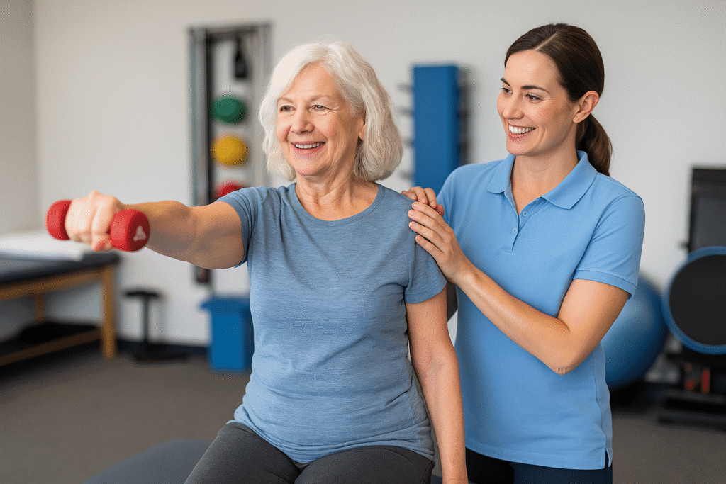 independent aging female receiving PT and doing exercise with red dumbbell.