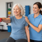 independent aging female receiving PT and doing exercise with red dumbbell.