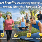Adults of various ages exercising outdoors in Sarasota County, Florida, including walking, strength training, and stretching, representing the benefits of combining physical therapy with a healthy lifestyle.