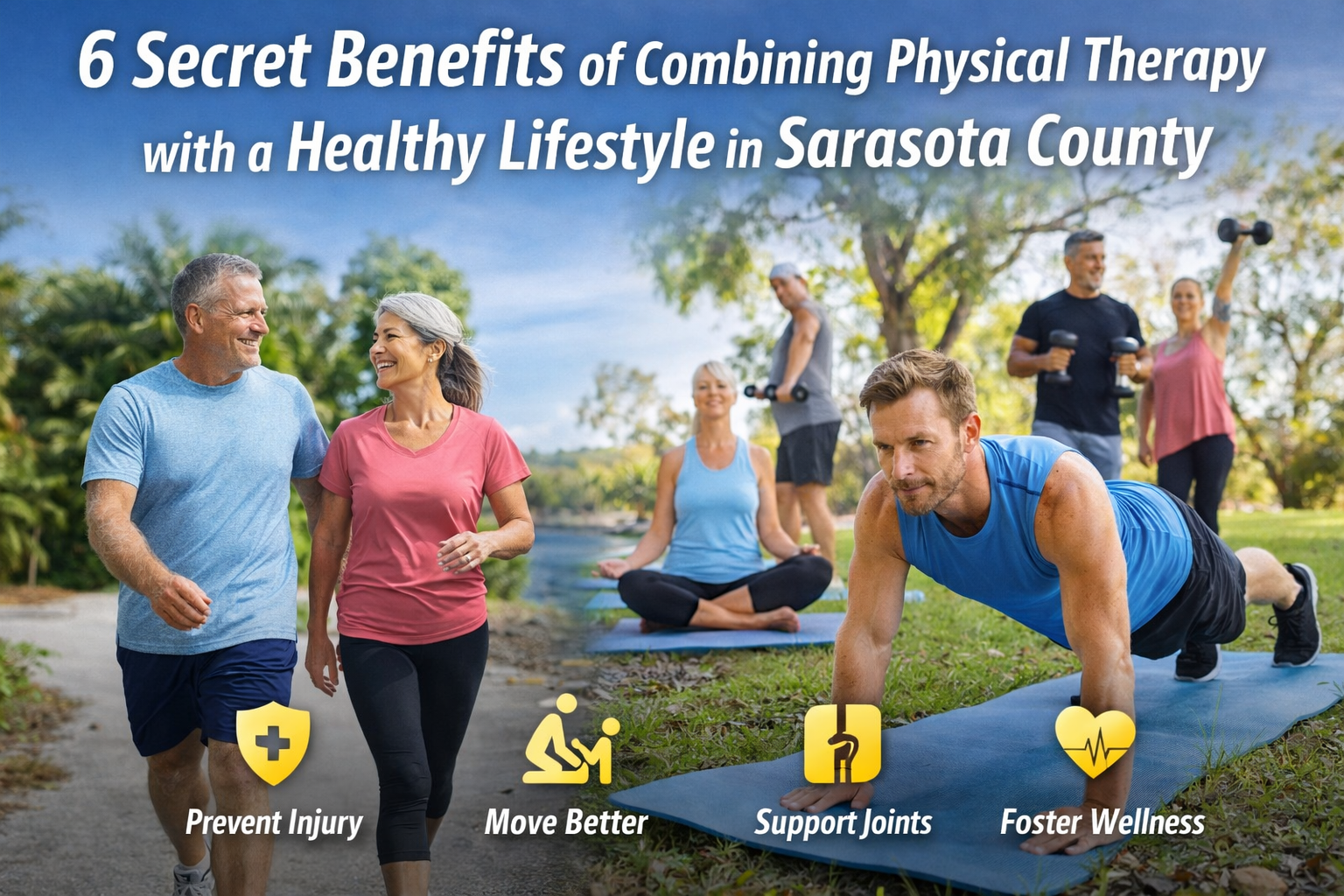 Adults of various ages exercising outdoors in Sarasota County, Florida, including walking, strength training, and stretching, representing the benefits of combining physical therapy with a healthy lifestyle.