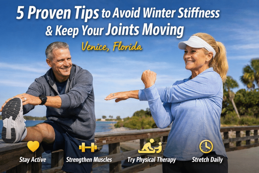 Middle-aged couple stretching outdoors in Venice, Florida during winter, demonstrating gentle mobility exercises to reduce winter stiffness and support healthy movement.