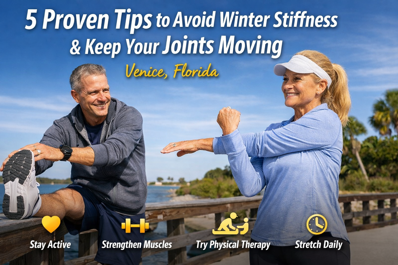 Middle-aged couple stretching outdoors in Venice, Florida during winter, demonstrating gentle mobility exercises to reduce winter stiffness and support healthy movement.
