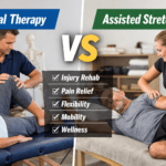 Side-by-side comparison image showing a physical therapist assisting a patient with knee rehabilitation on the left and a clinician performing assisted stretching on a patient on the right, labeled “Physical Therapy vs Assisted Stretching” with key benefits including injury rehab, pain relief, flexibility, mobility, and wellness.