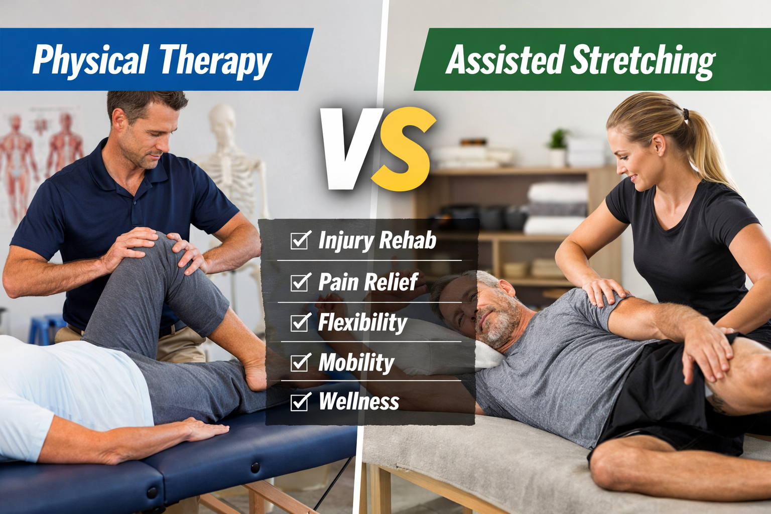 Side-by-side comparison image showing a physical therapist assisting a patient with knee rehabilitation on the left and a clinician performing assisted stretching on a patient on the right, labeled “Physical Therapy vs Assisted Stretching” with key benefits including injury rehab, pain relief, flexibility, mobility, and wellness.
