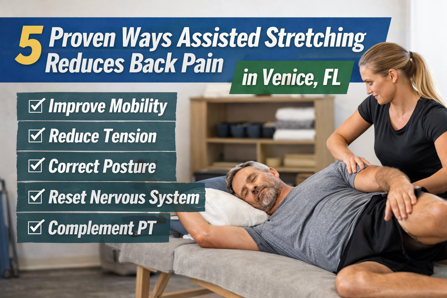 Clinician performing assisted stretching on a middle-aged man lying on a therapy table to help reduce back pain, with overlay text reading “5 Proven Ways Assisted Stretching Reduces Back Pain in Venice, FL” and benefits including improved mobility, reduced tension, posture correction, nervous system reset, and complementing physical therapy.