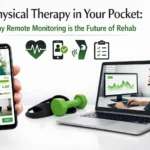 A person holds a phone showing a physical therapy app; in the background, a man on a headset looks at rehab data on a laptop, with exercise equipment nearby.