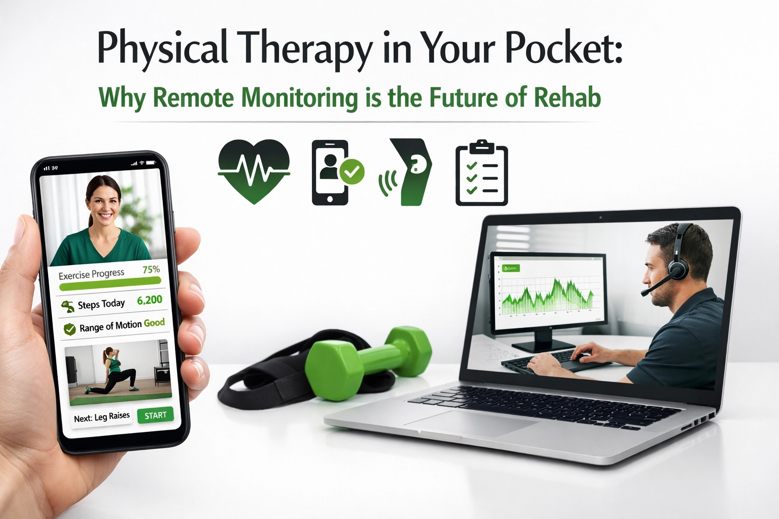 A person holds a phone showing a physical therapy app; in the background, a man on a headset looks at rehab data on a laptop, with exercise equipment nearby.