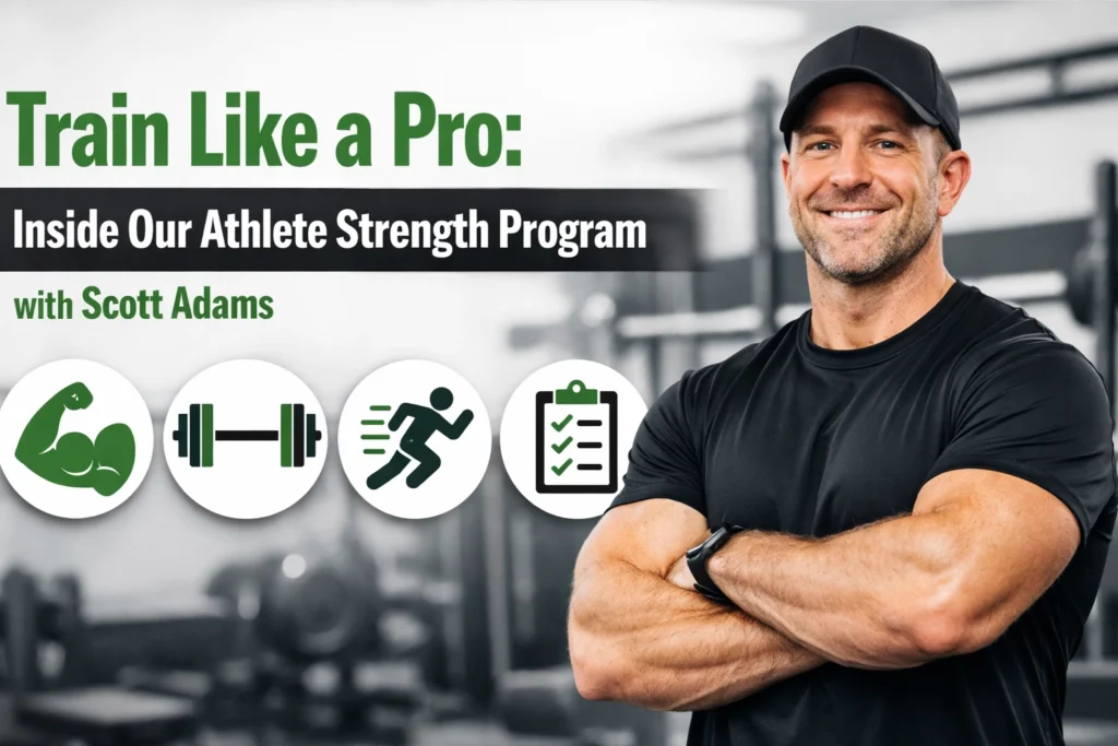 A man in athletic wear stands with arms crossed in a gym. Text reads: "Train Like a Pro: Inside Our Athlete Strength Program with Scott Adams." Fitness icons are displayed below.