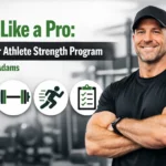A man in athletic wear stands with arms crossed in a gym. Text reads: "Train Like a Pro: Inside Our Athlete Strength Program with Scott Adams." Fitness icons are displayed below.
