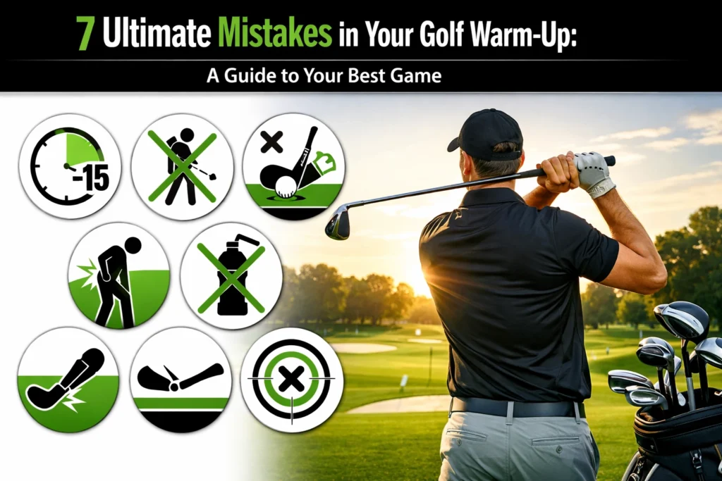 A golfer swings a club on a course at sunset; icons on the left illustrate seven common golf warm-up mistakes with explanatory graphics about golf rehab and text.