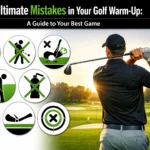 A golfer swings a club on a course at sunset; icons on the left illustrate seven common golf warm-up mistakes with explanatory graphics about golf rehab and text.
