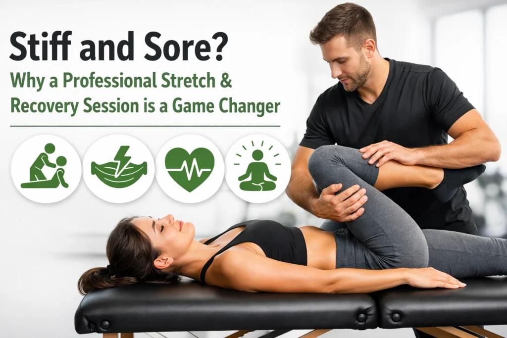 A man assists a woman in stretching her leg on a massage table, with icons and text promoting professional stretch & recovery sessions.